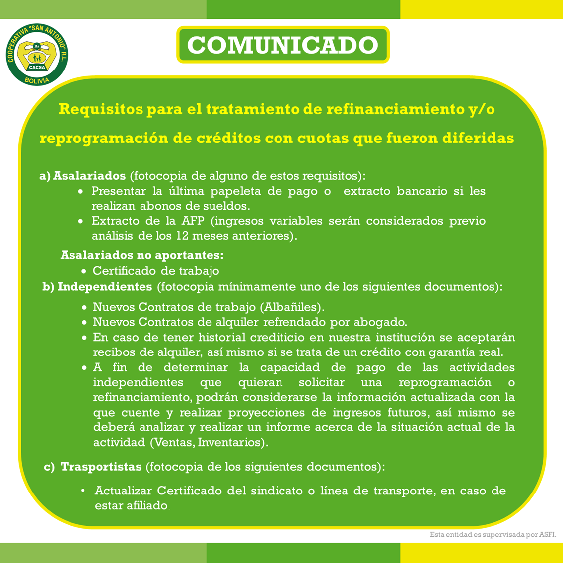 Requisitos para el tratamiento de refinanciamiento y/o reprogramación de créditos con cuotas que fueron diferidas