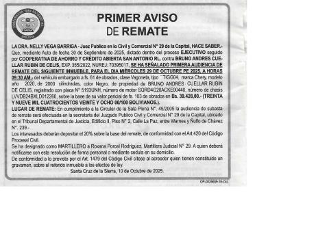 publicación de  aviso de Remate
