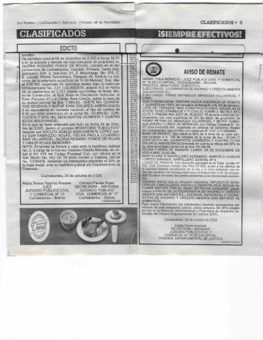 publicación de  aviso de Remate