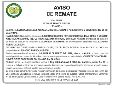 publicación de  aviso de Remate