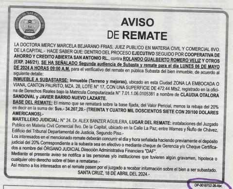 publicación de  aviso de Remate