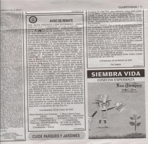 publicación de  aviso de Remate
