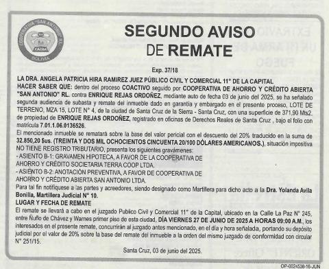 publicación de  aviso de Remate