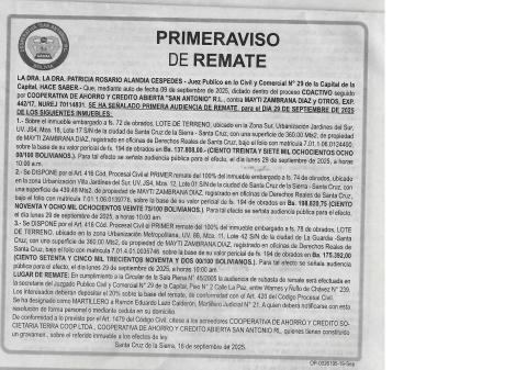 publicación de  aviso de Remate