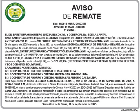 publicación de  aviso de Remate