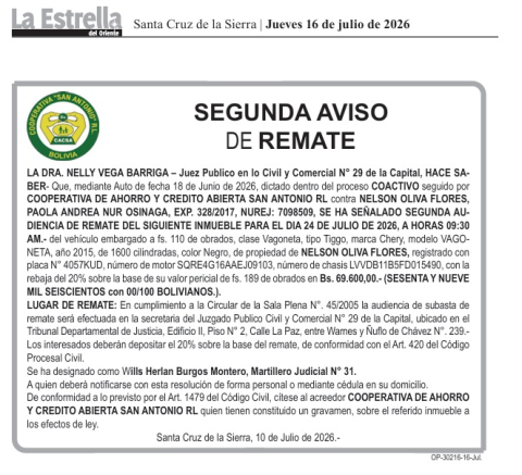 publicación de  aviso de Remate