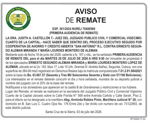 publicación de  aviso de Remate