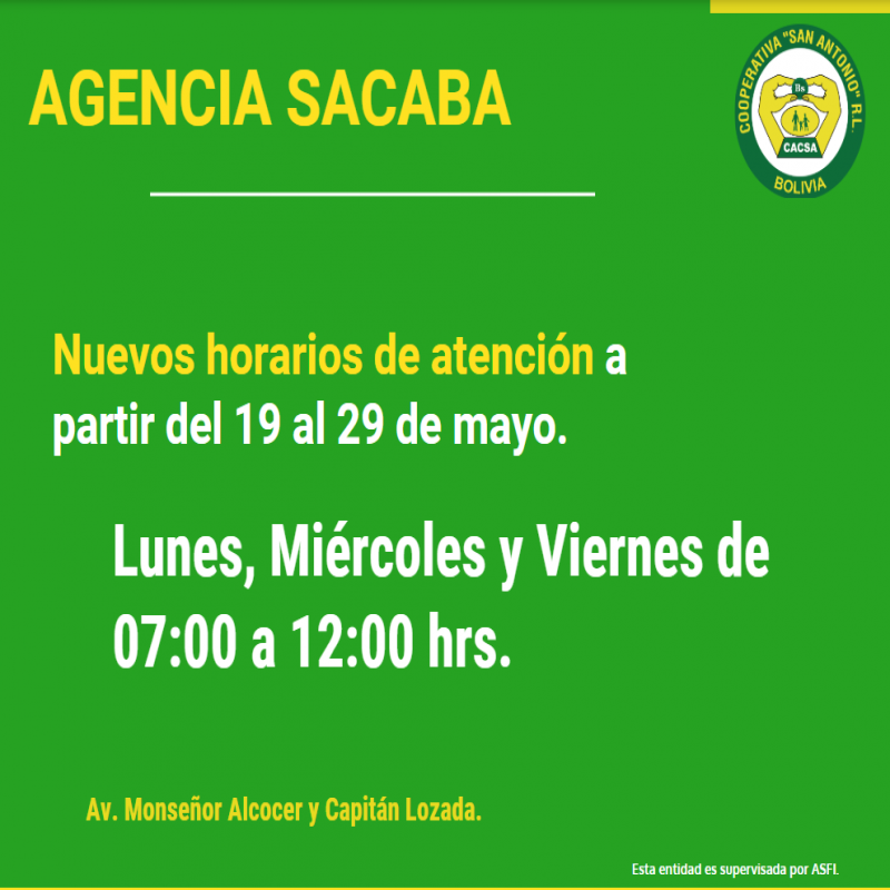 HORARIO AGENCIA SACABA