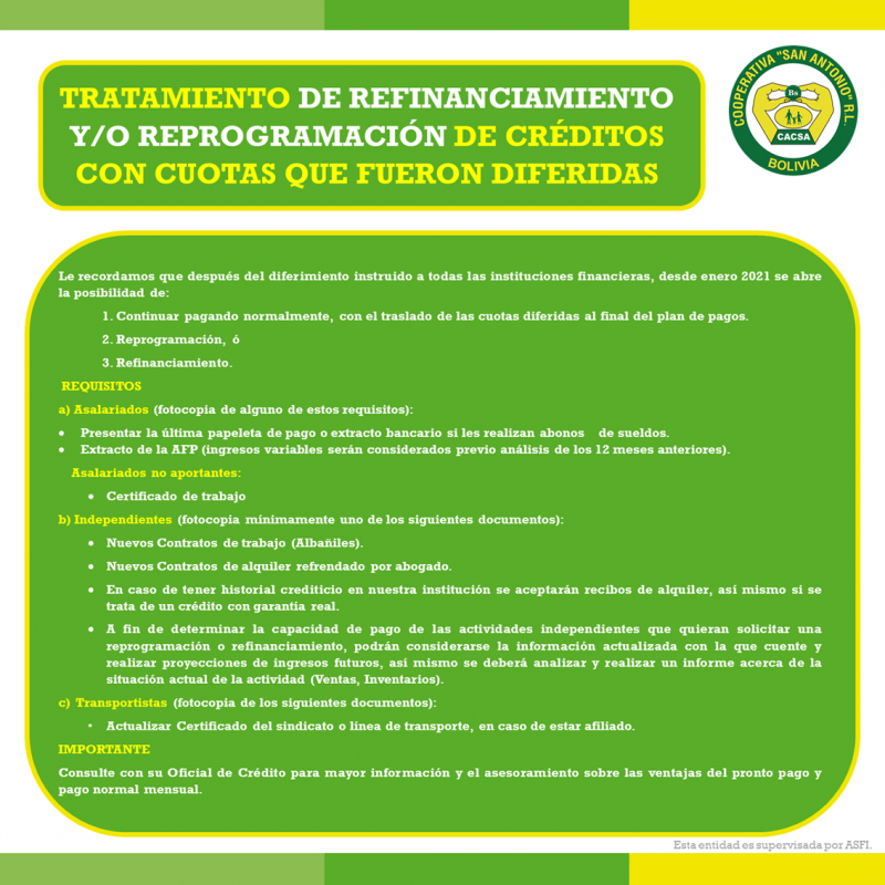 TRATAMIENTO DE REFINANCIAMIENTO Y/O REPROGRAMACIÓN DE CRÉDITOS CON CUOTAS QUE FUERON DIFERIDAS 