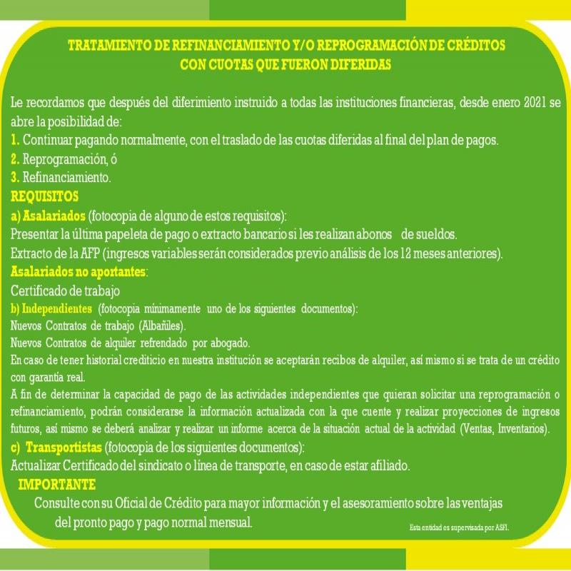 Requisitos para el tratamiento de refinanciamiento y/o reprogramación de créditos con cuotas que fueron diferidas 