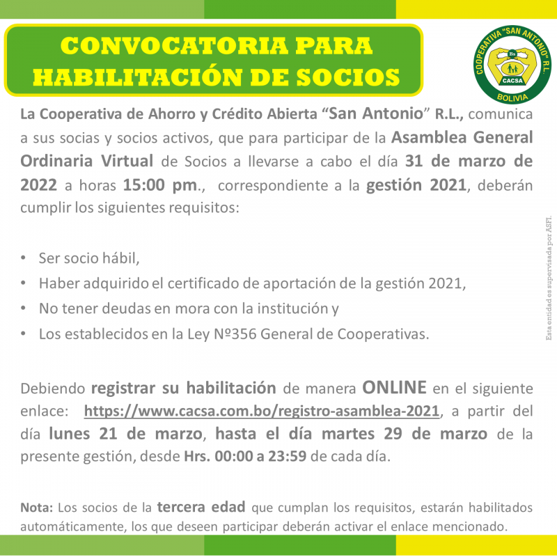 Convocatoria Para Habilitación De Socios.